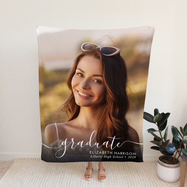 Elegant White Script Photo Overlay Graduation Fleece Blanket (Creator Uploaded)