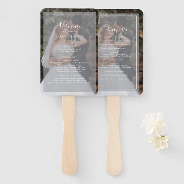 Elegant White Script Photo Overlay Wedding Program Hand Fan (Front and Back)