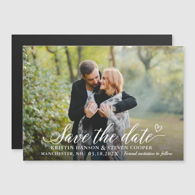 Elegant White Script Photo Save The Date Magnet (Front/Back)