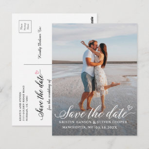 Elegant White Script Photo Save The Date Postcard