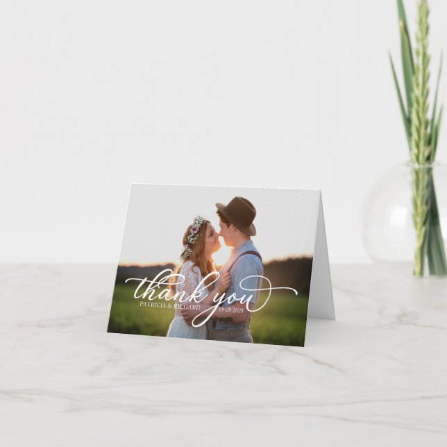 Elegant White Script Photo Thank You Card (Front)