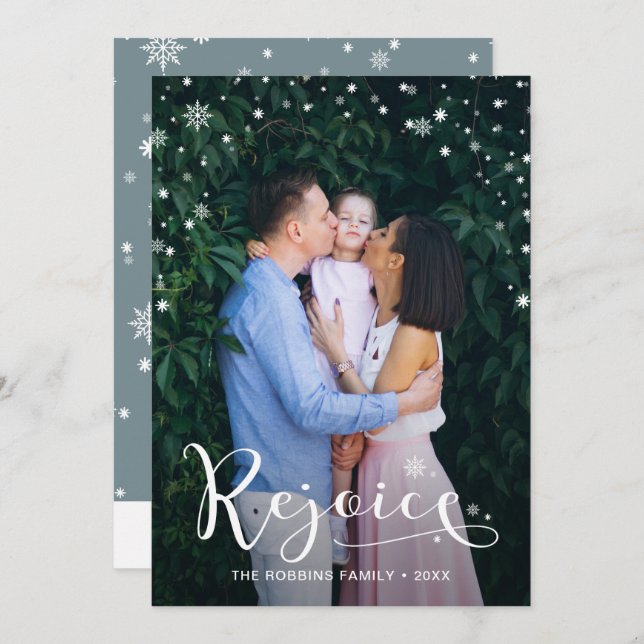 Elegant White Script Rejoice Snowflakes 2 Photo Holiday Card (Front/Back)