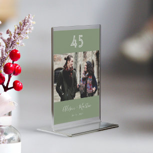 Elegant White Script Sage Green Photo Wedding Table Number