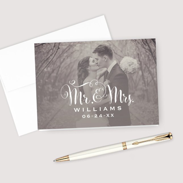 Elegant White Script Sepia Photo Wedding Monogram Thank You Card (Creator Uploaded)