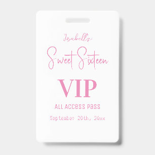 Elegant White Script Sweet Sixteen Invitation VIP  ID Badge