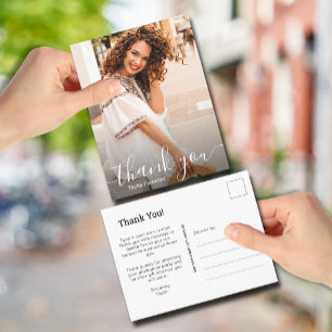 Elegant White Script Thank You Photo Graduation Postcard
