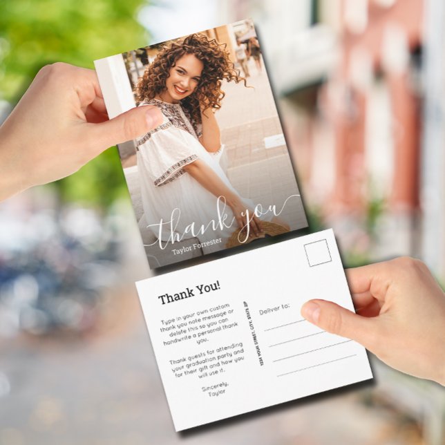 Elegant White Script Thank You Photo Graduation Postcard (Creator Uploaded)
