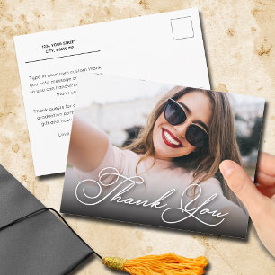 Elegant White Script Thank You Photo Graduation Postcard