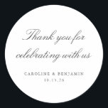 Elegant White Script Wedding Custom Thank You Classic Round Sticker<br><div class="desc">Stylish Formal Classic Traditional Script Elegant Wedding Invitation Custom Thank You Classic Round Sticker in White with Black Typography</div>