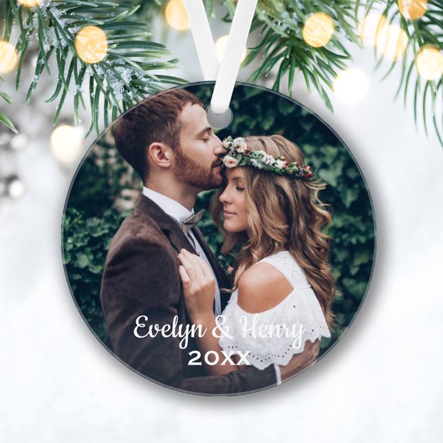 Elegant White Script Wedding Monogram Photo Ornament (Creator Uploaded)
