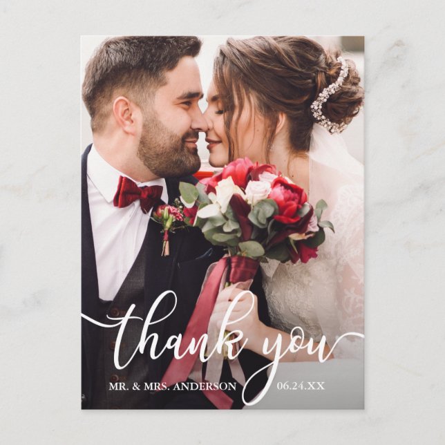 Elegant White Script Wedding Photo Thank You Postcard (Front)