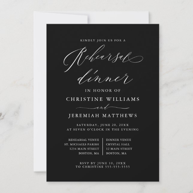 Elegant White Script Wedding Rehearsal Dinner Invitation (Front)