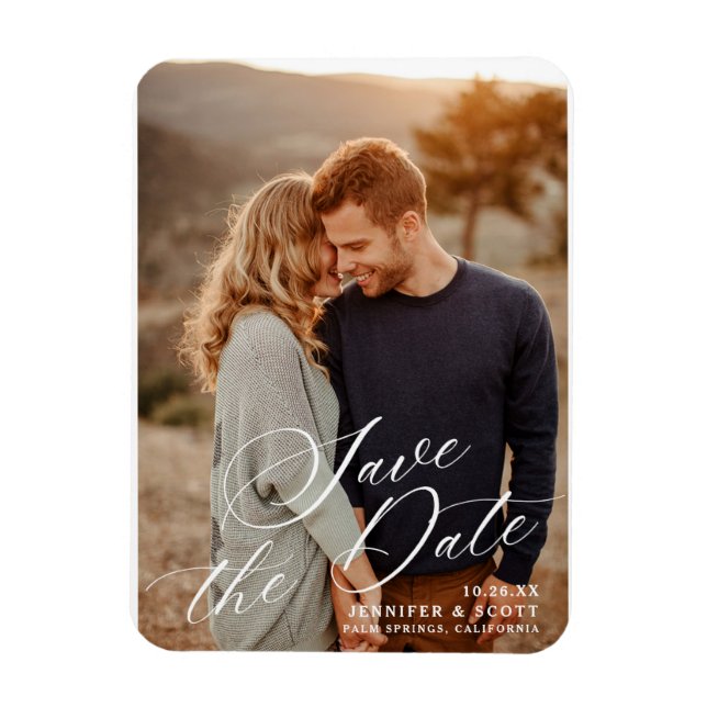 Elegant White Script | Wedding Save The Date Magnet (Vertical)