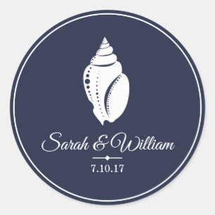 Elegant White Seashell & Navy Blue Personalised Classic Round Sticker