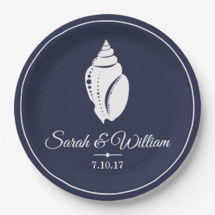 Elegant White Seashell & Navy Blue   Personalised Paper Plate