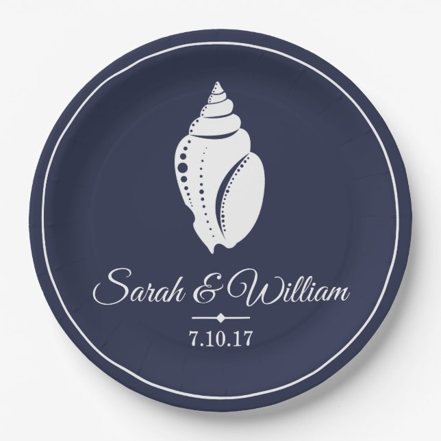 Elegant White Seashell & Navy Blue | Personalised Paper Plate (Front)