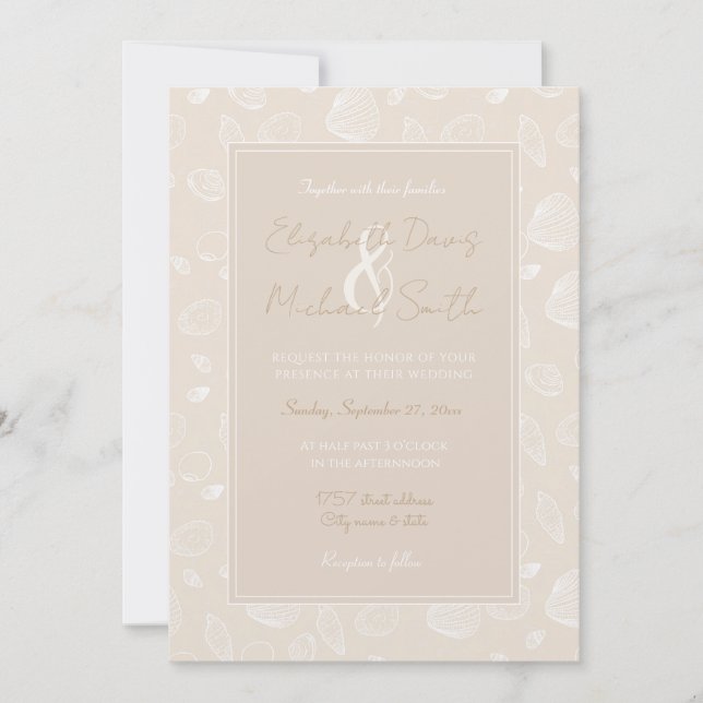 Elegant White Seashells Beige Pattern Invitation (Front)