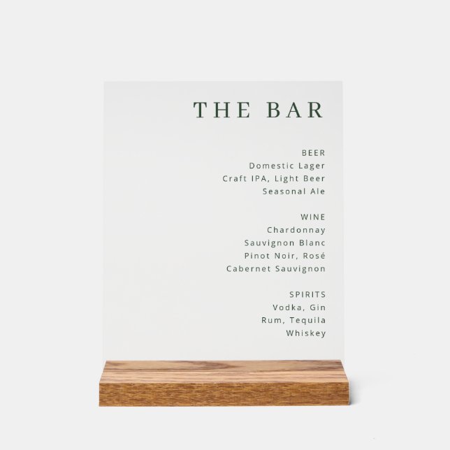 Elegant White Serif Bar Menu Acrylic Sign (Front)