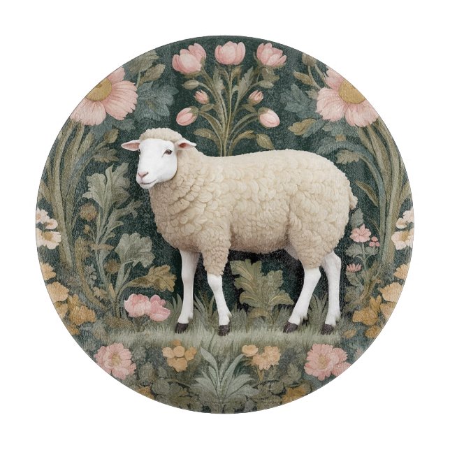 Elegant White Sheep William Morris Inspired Cutting Board (Front)