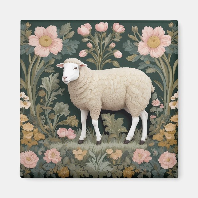 Elegant White Sheep William Morris Inspired Magnet (Front)