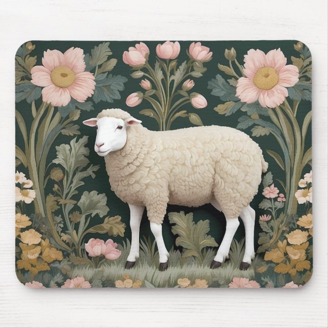 Elegant White Sheep William Morris Inspired Mouse Mat (Front)