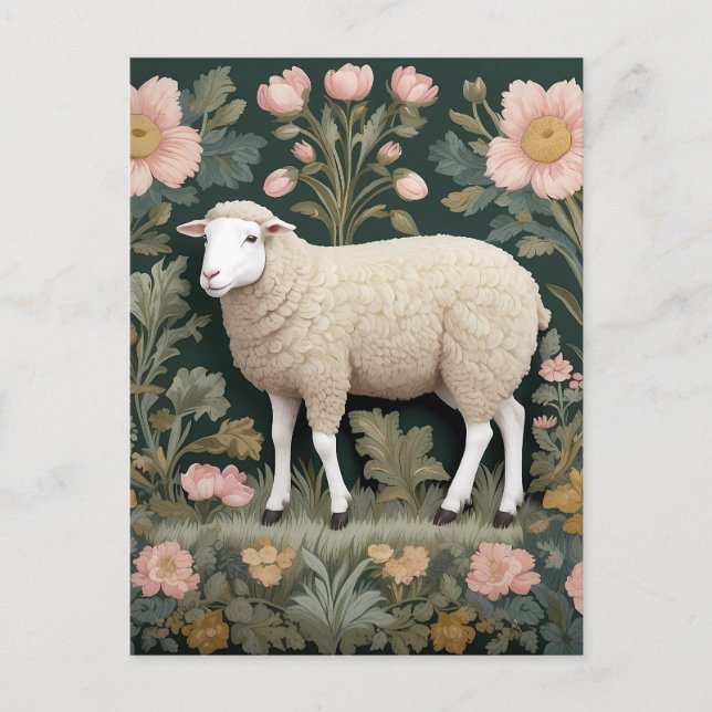 Elegant White Sheep William Morris Inspired Postcard (Front)