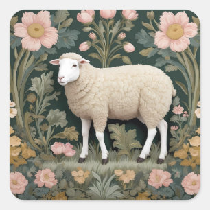 Elegant White Sheep William Morris Inspired Square Sticker