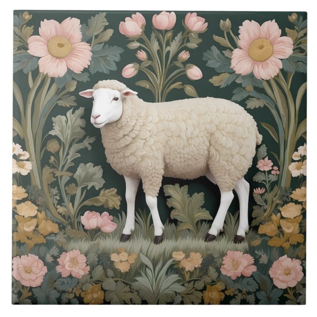 Elegant White Sheep William Morris Inspired Tile (Front)