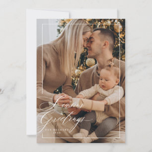 Elegant White side script Seasons Greetings photo  Holiday Card