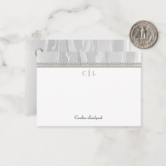 Elegant White Silk Pearls Monogrammed Initials Card (Front/Back In Situ)