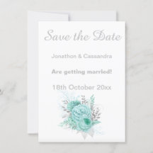 ELEGANT WHITE SILVER AQUA FLORAL SAVE THE DATE