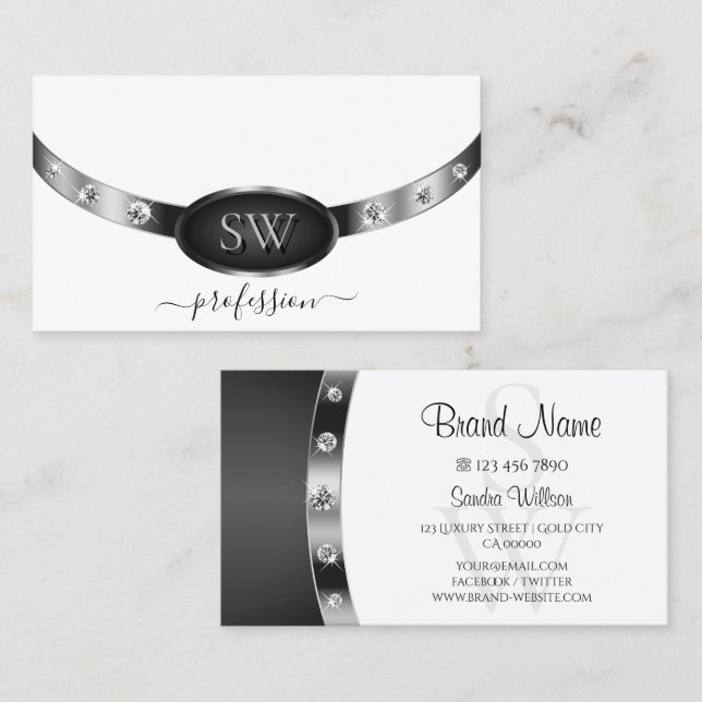 Elegant White Silver Black with Initials Diamonds  Business Card (Front/Back)