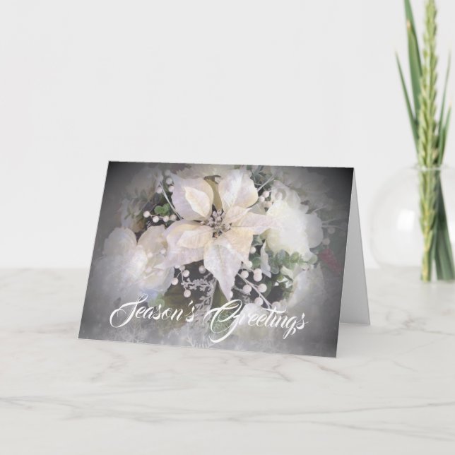 Elegant White & Silver Christmas Poinsettia Holiday Card (Front)