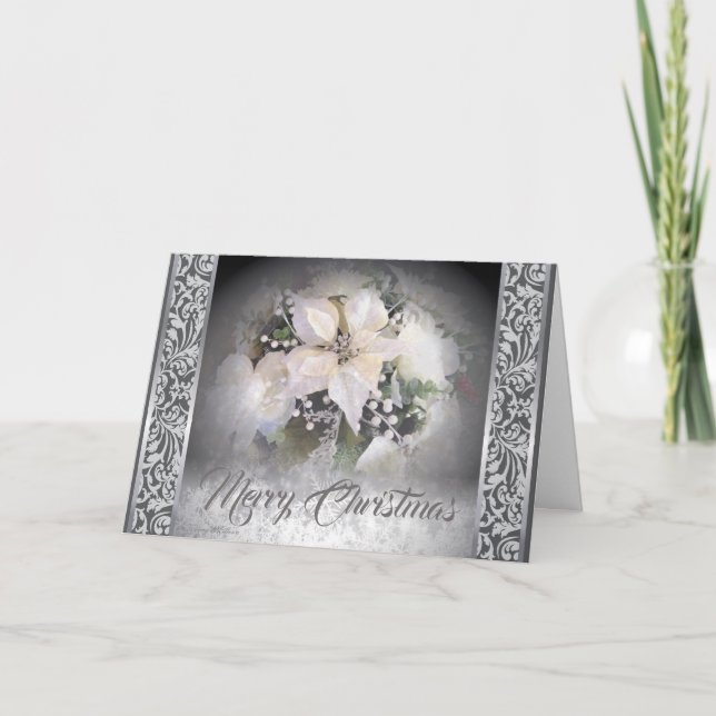 Elegant White & Silver Christmas Poinsettia Holiday Card (Front)