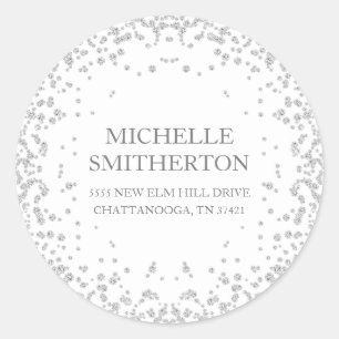 Elegant White Silver Diamond Glitter Address Classic Round Sticker