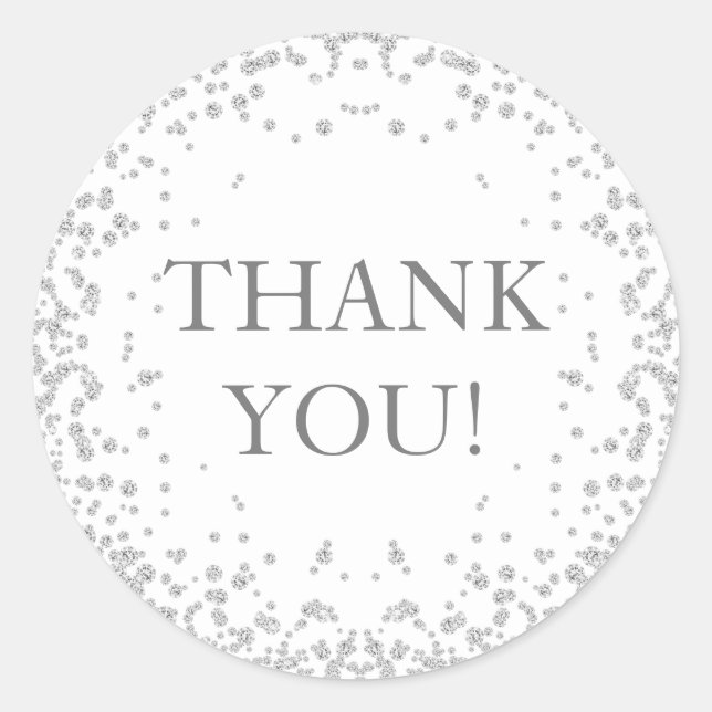 Elegant White Silver Diamond Glitter Thank You Classic Round Sticker (Front)