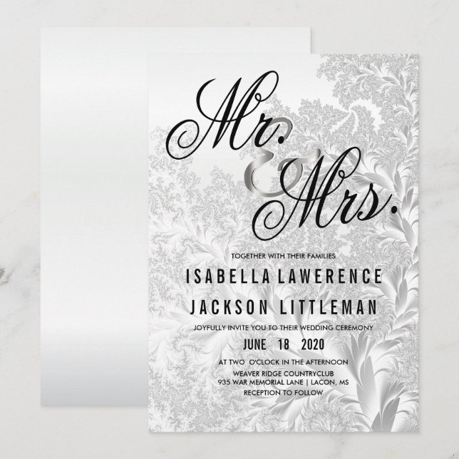 Elegant White Silver Fractal Wedding Invitation (Front/Back)