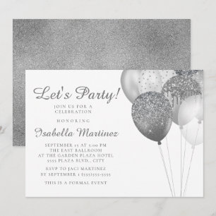 Elegant White Silver Glitter Balloons Sweet 16  Invitation