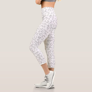 Elegant White Silver Glitter Leopard Animal Print Capri Leggings