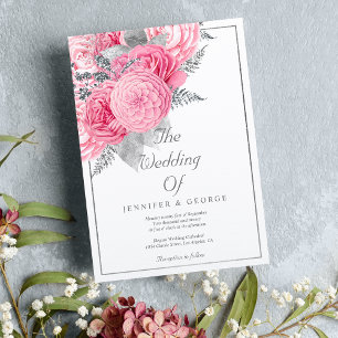 Elegant white silver glitter pink floral wedding  invitation