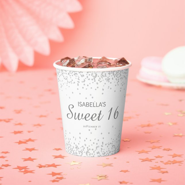 Elegant White Silver Glitter Sweet 16 Name Paper Cups (Insitu)