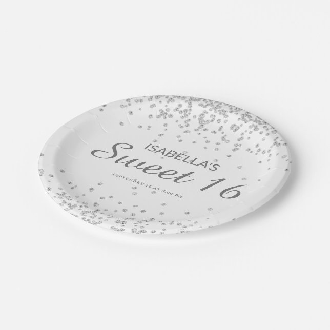 Elegant White Silver Glitter Sweet 16 Name Paper Plate (Angled)