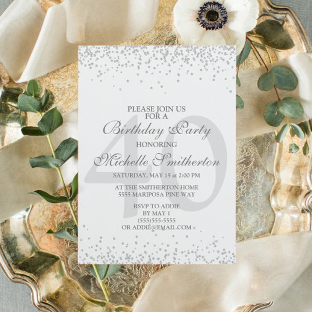 Elegant White Silver Grey Glitter 40th Birthday Invitation (Creator Uploaded)