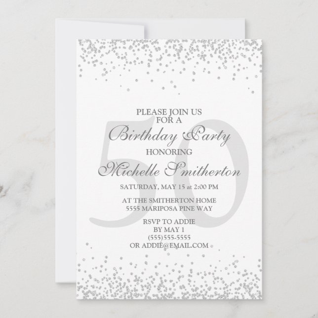 Elegant White Silver Grey Glitter 50th Birthday Invitation (Front)