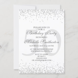 Elegant White Silver Grey Glitter 50th Birthday Invitation
