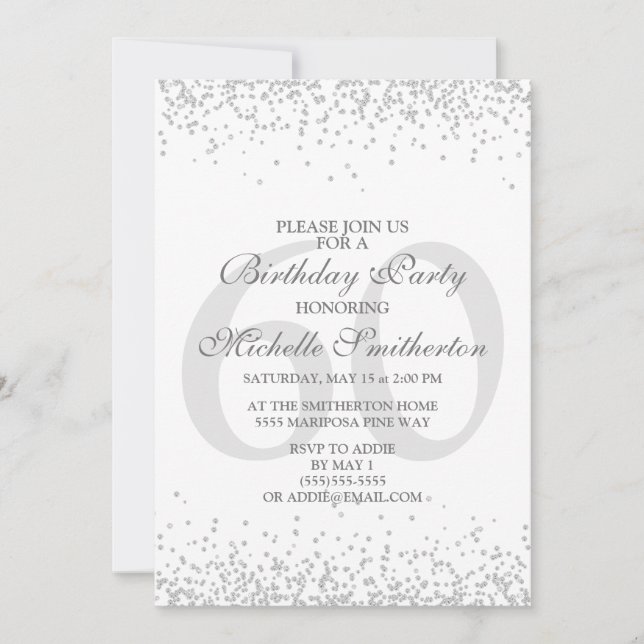 Elegant White Silver Grey Glitter 60th Birthday Invitation (Front)