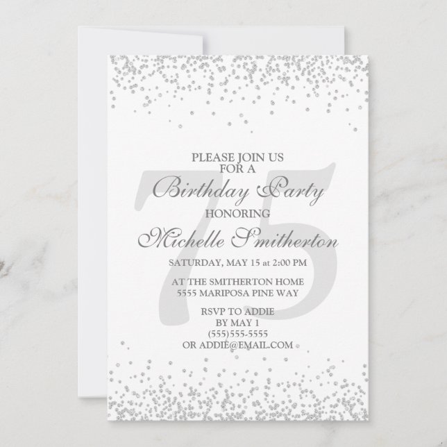 Elegant White Silver Grey Glitter 75th Birthday Invitation (Front)