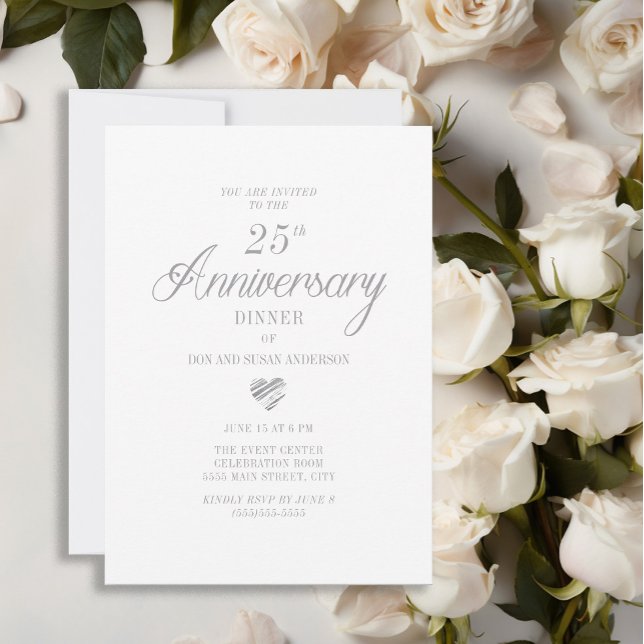 Elegant White Silver Heart 25th Anniversary Invitation (Elegant white 25th wedding anniversary invitation)