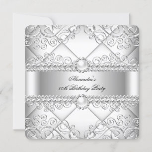 Elegant White Silver Lace Pearl Birthday Party Invitation