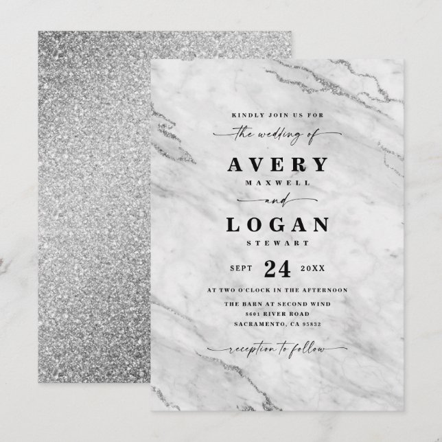 Elegant White & Silver Marble & Glitter Wedding Invitation (Front/Back)